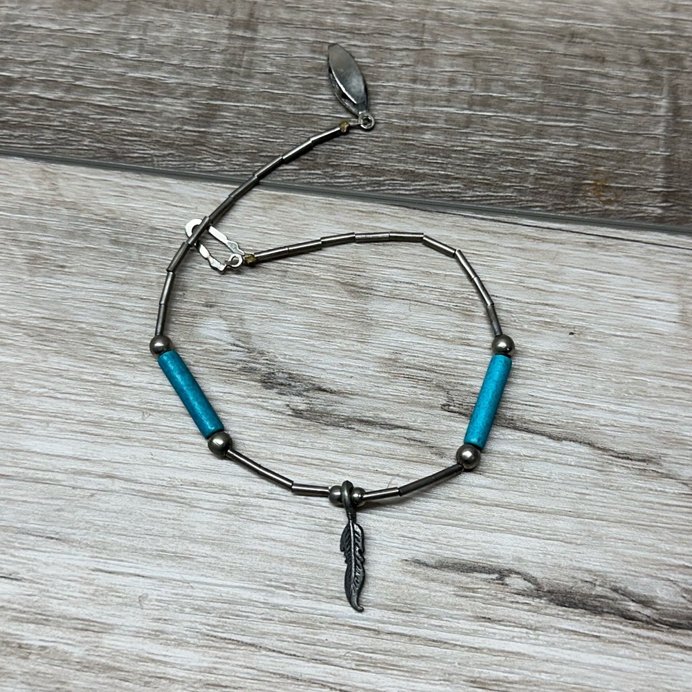 Vintage Silver and Blue Feather Bracelet/Anklet 7.5”